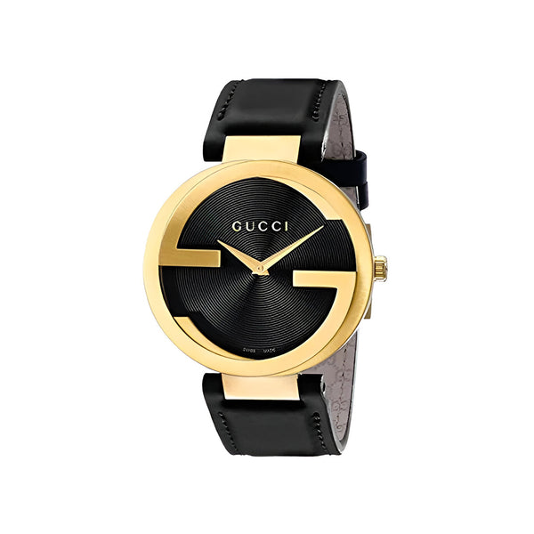 Gucci Interlocking G Gold Black Dial Black Leather Strap Unisex Watch - YA133326