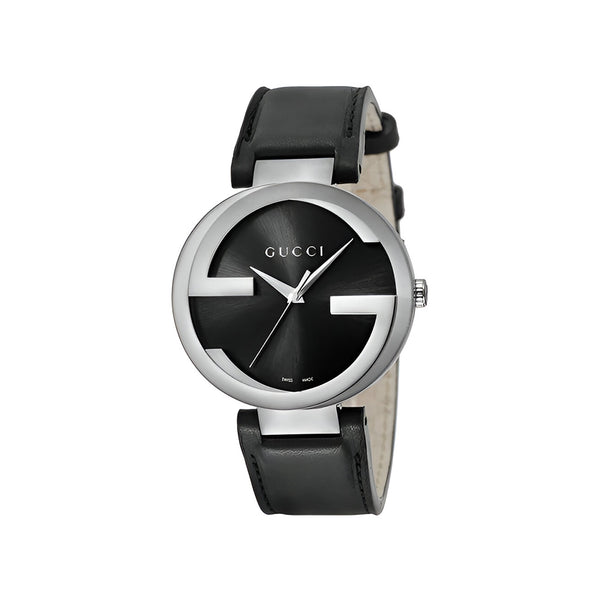 Gucci Interlocking G Iconic Black Dial Black Leather Strap Watch For Men - YA133205