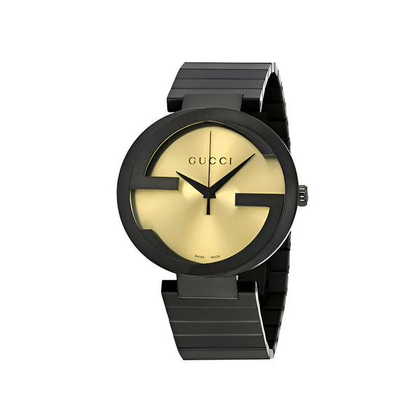 Gucci Interlocking Grammy XL Gold Dial Black Steel Strap Watch for Men - YA133209