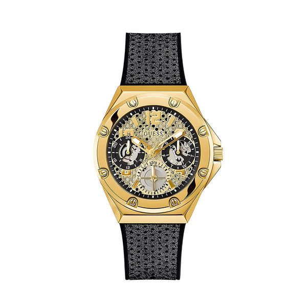 Guess Asteria Multifunction Gold Dial Black Rubber Strap Watch For Women - GW0620L2