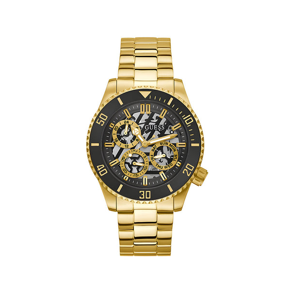 Guess Axle Multifunction Black Dial Gold Steel Strap Watch For Men - GW0488G2