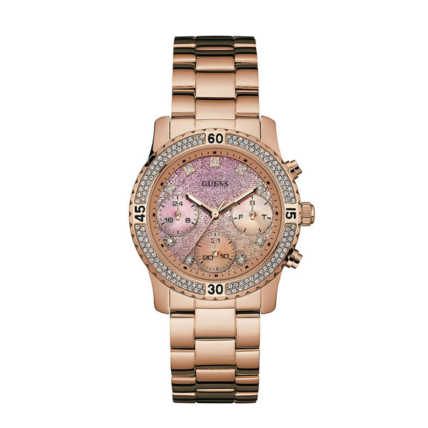 Guess Confetti Pink Dial Rose Gold Steel Strap Watch For Women - W0774L3