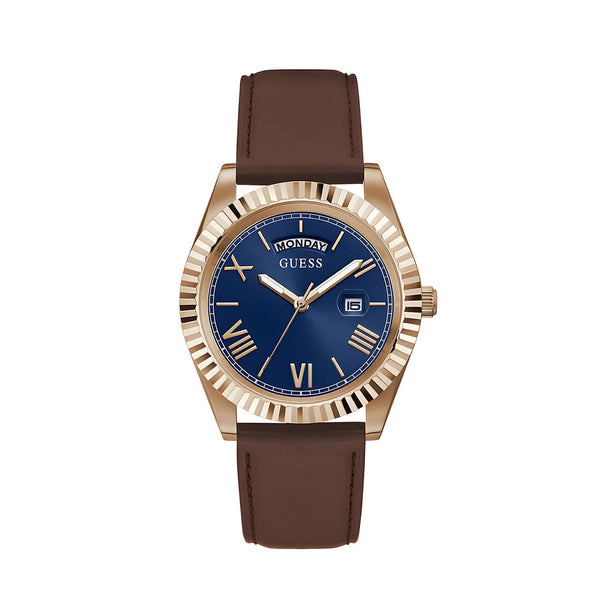 Guess Connoisseur Blue Dial Brown Leather Strap Watch For Men - GW0353G2