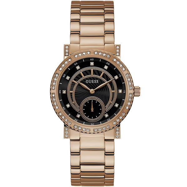 Guess Constellation Black Dial Stainless Steel Belt with Rose Gold Color Watch For Women-W1006L2
