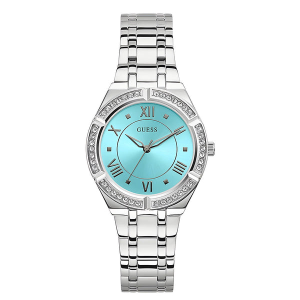 Guess Cosmo Diamonds Turquoise Dial Silver Steel Strap Watch for Women - GW0033L7