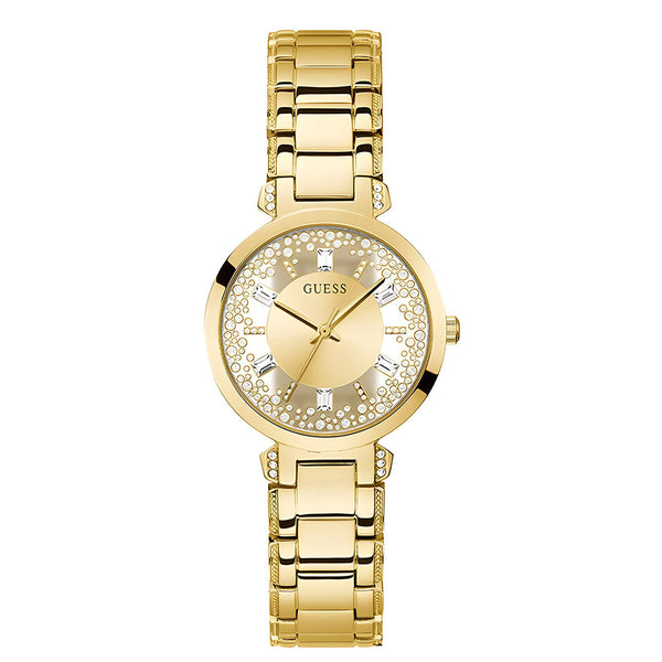 Guess Crystal Clear Analog Gold Dial Gold Steel Strap Watch for Women - GW0470L2