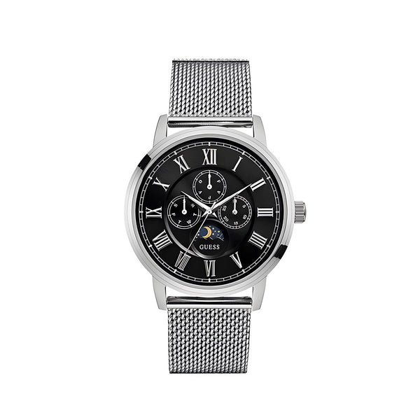 Guess Delancey Black Dial Silver Mesh Bracelet Watch for Men - W0871G1