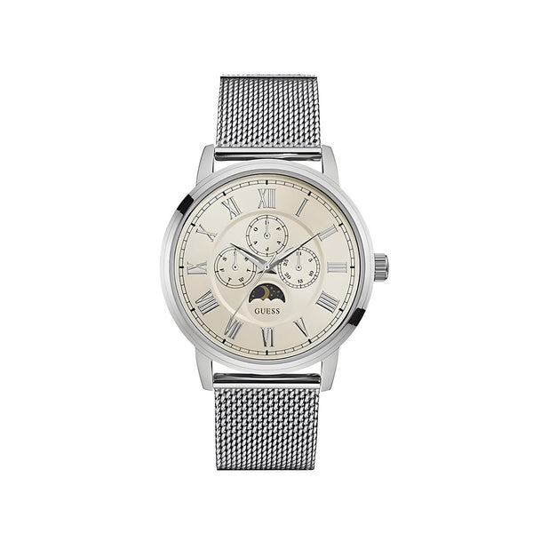 Guess Delancy White Dial Silver Mesh Bracelet Watch for Men - W0871G4