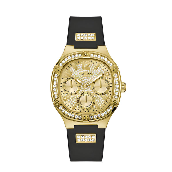 Guess Duchess Crystals Gold Dial Black Silicon Strap Watch For Women - GW0619L2