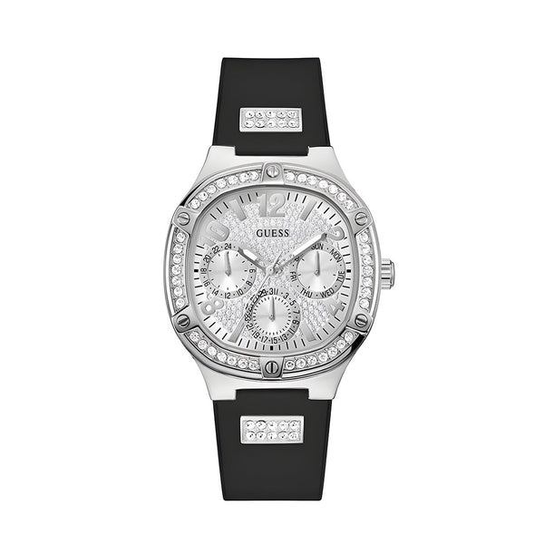Guess Duchess Crystals Silver Dial Black Silicon Strap Watch For Women - GW0619L1