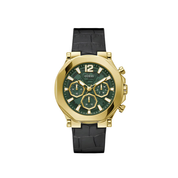 Guess Edge Chronograph Green Dial Black Leather Strap Watch For Men - GW0492G3