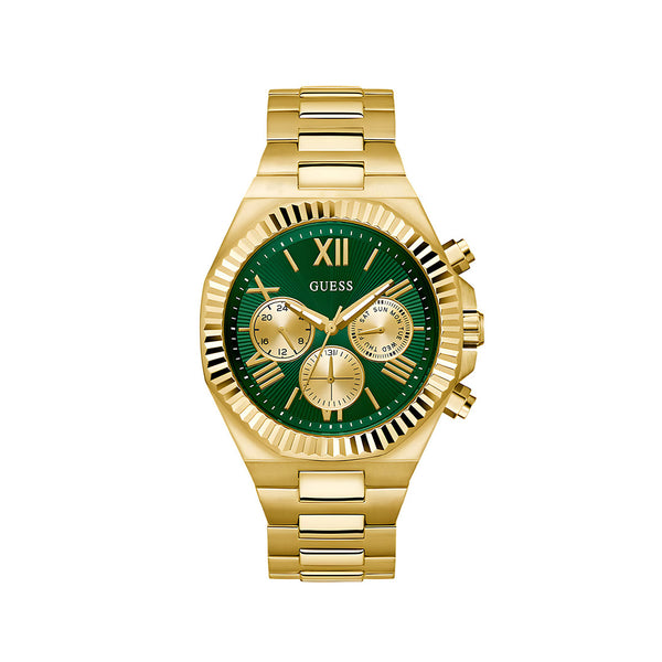 Guess Equity Analog Green Dial Gold Steel Strap Watch For Men - GW0703G2