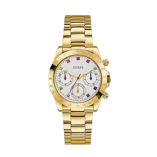 Guess Exclusive Multi Color White Dial Gold Steel Strap Watch for Women - GW0457L1