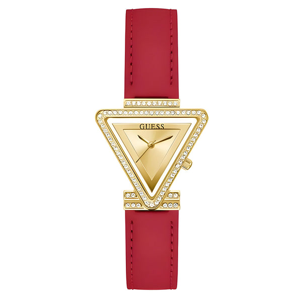 Guess Fame Quartz Gold Dial Red Leather Strap Watch For Women - GW0504L2