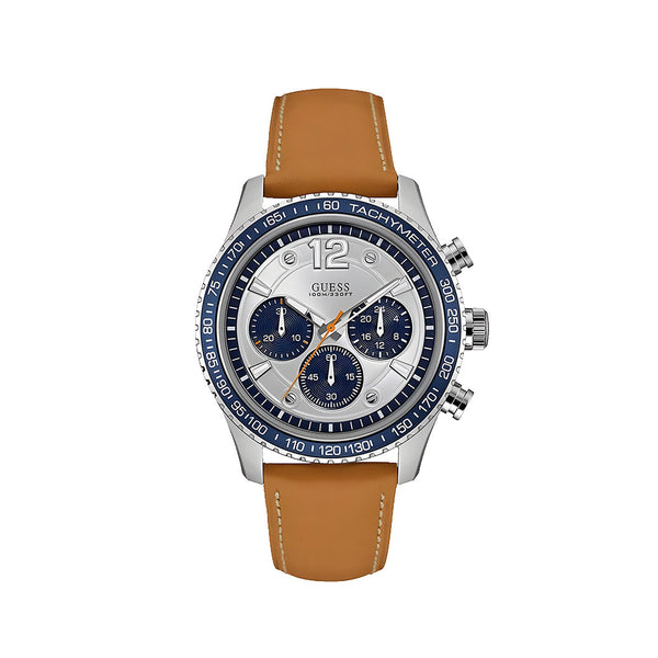 Guess Fleet Brown Leather Strap Silver Dial Chronograph Quartz Watch for Gents - W0970G1