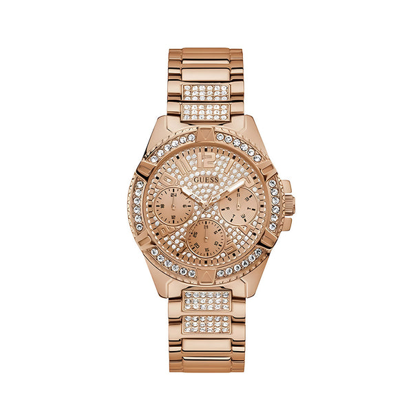 Guess Frontier Diamonds Rose Gold Dial Rose Gold Steel Strap Watch For Women - W1156L3