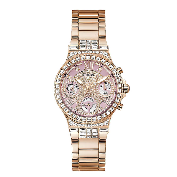 Guess Glitz Multi Function Diamonds Pink Dial Rose Gold Steel Strap Watch for Women - GW0320L6