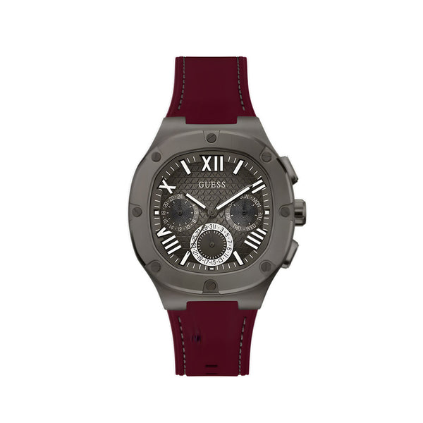 Guess Headline Multifunction Grey Dial Burgundy Silicone Strap Watch For Men - GW0571G4