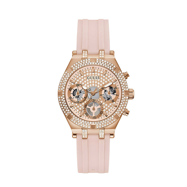 Guess Heiress Diamonds Rose Gold Dial Pink Rubber Strap Watch for Women - GW0407L3