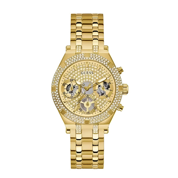Guess Heiress Multifunction Diamonds Gold Dial Gold Steel Strap Watch for Women - GW0440L2