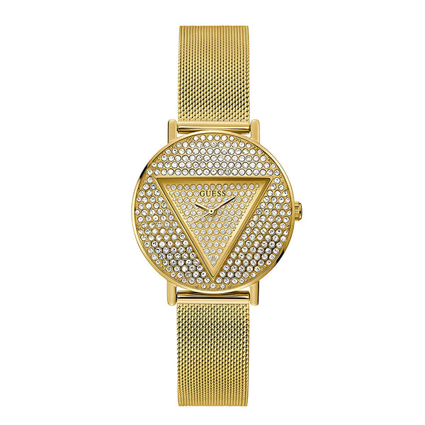 Guess Iconic Diamonds Gold Dial Gold Mesh Bracelet Watch For Women - GW0477L2