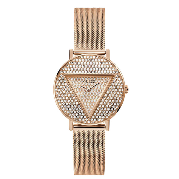 Guess Iconic Diamonds Rose Gold Dial Rose Gold Mesh Bracelet Watch For Women - GW0477L3