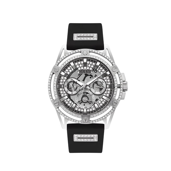 Guess King Quartz Crystals Silver Dial Black Silicone Strap Watch For Men - GW0537G1
