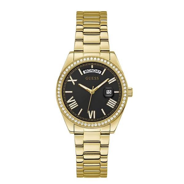 Guess Luna Diamonds Black Dial Gold Steel Strap Watch for Women - GW0307L2