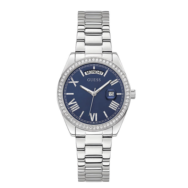 Guess Luna Diamonds Blue Dial Silver Steel Strap Watch for Women - GW0307L1