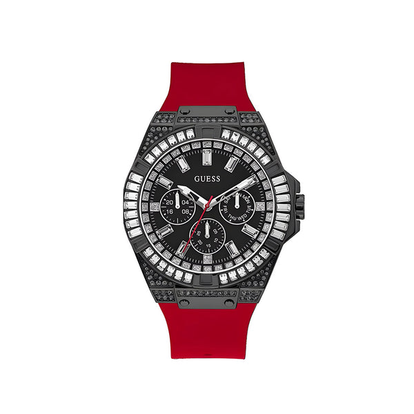 Guess Mainline Multifunction Crystals Black Dial Red Silicone Strap Watch For Men - GW0208G6