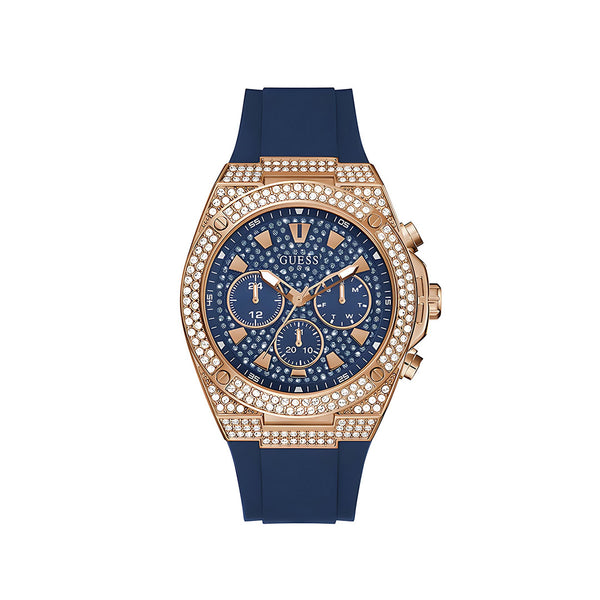 Guess Men's 45mm Rose gold Case with Crystals Blue Chrono Look Dial - GW0060G3