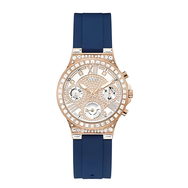Guess Moonlight Diamonds White Dial Blue Rubber Strap Watch for Women - GW0257L3