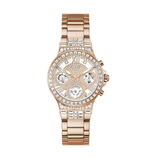 Guess Moonlight Multi Function Diamonds White Dial Rose Gold Steel Strap Watch for Women - GW0320L3