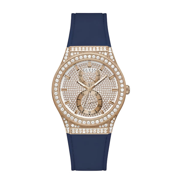 Guess Multifunction Crystals Rose Gold Dial Blue Rubber Strap Watch For Women - GW0439L4