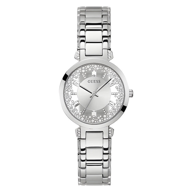 Guess Night Life Clear Silver Dial Silver Steel Strap Watch for Women - GW0470L1
