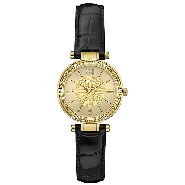 Guess Park Avenue Quartz Gold Dial Black Leather Strap Watch For Women - W0838L1