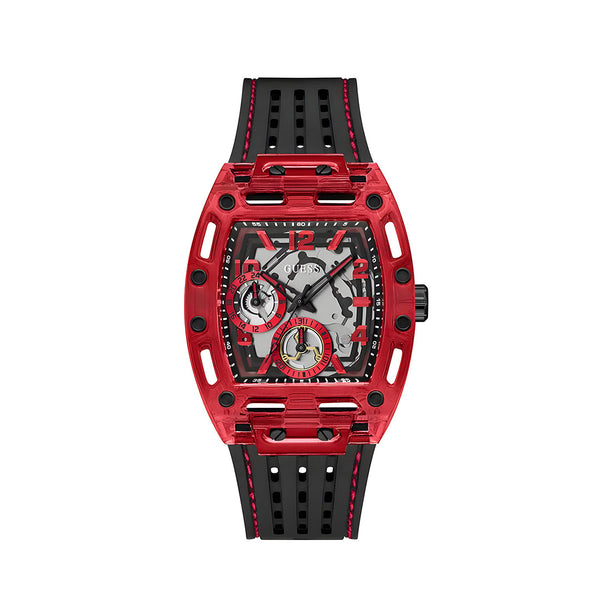 Guess Phoenix Multifunction Analog Red Dial Black Silicone Strap Watch For Men - GW0499G4