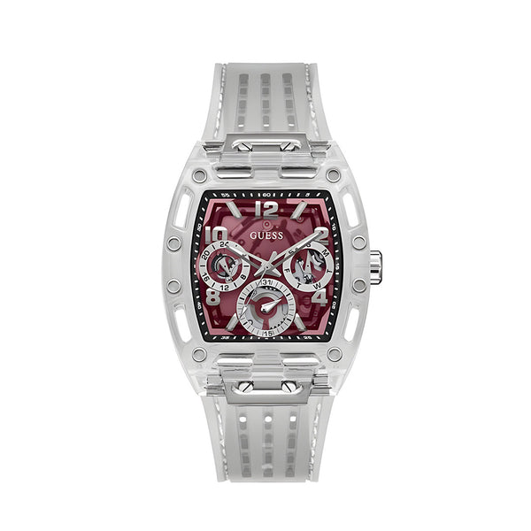 Guess Phoenix Quartz Burgundy Dial Transparent Silicone Strap Watch For Men - GW0499G9