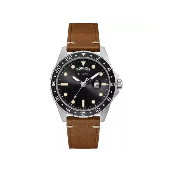 Guess Quartz Brown Leather Strap Black Dial 44mm Watch for Mens- GW0221G3