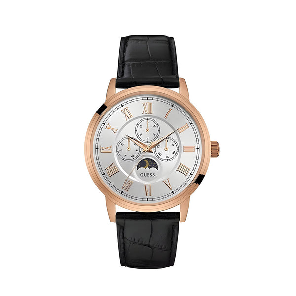 Guess Quartz Moon phase Black Leather Strap White Dial 44mm Watch for Men's- W0870G2