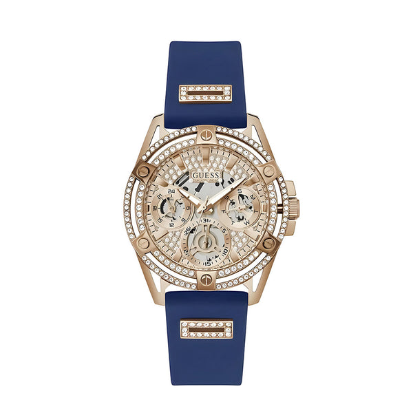 Guess Queen Quartz Crystals Rose Gold Dial Blue Silicone Strap Watch For Women - GW0536L5