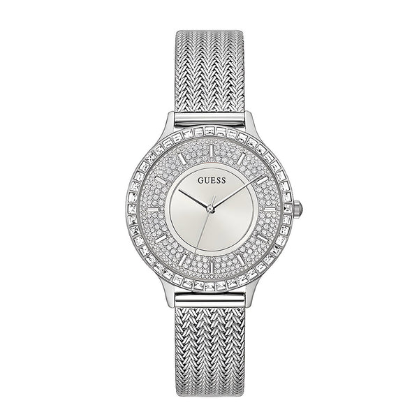 Guess Soiree Diamonds Silver Dial Silver Mesh Bracelet Watch for Women - GW0402L1