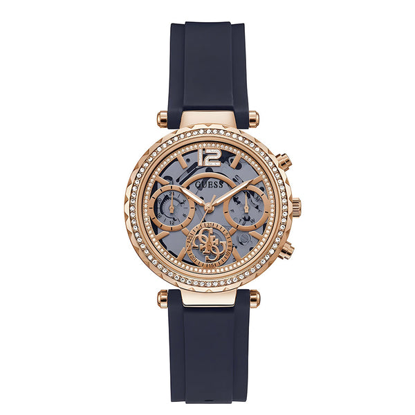 Guess Solistice Diamonds Roe Gold Dial Black Rubber Strap Watch for Women - GW0484L2