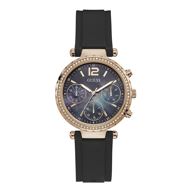 Guess Solstice Diamonds Black Mother of Pearl Dial Black Rubber Strap Watch for Women - GW0113L2