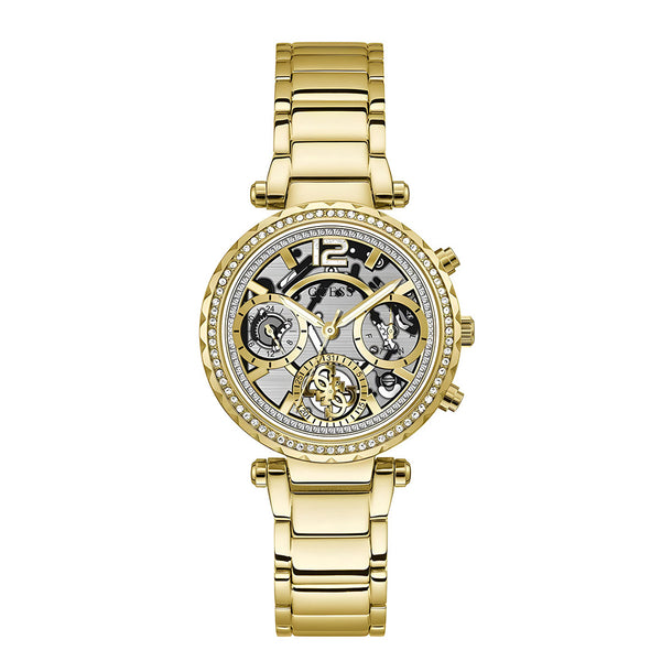 Guess Solstice Diamonds Gold Dial Gold Steel Strap Watch for Women - GW0403L2