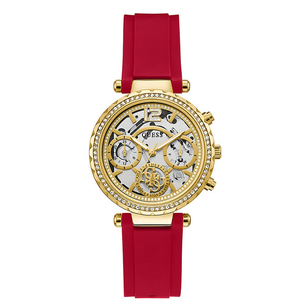 Guess Solstice Diamonds Gold Dial Red Rubber Strap Watch for Women - GW0484L1