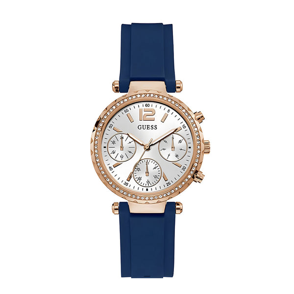 Guess Solstice Diamonds Silver Dial Blue Rubber Strap Watch for Women - GW0113L3