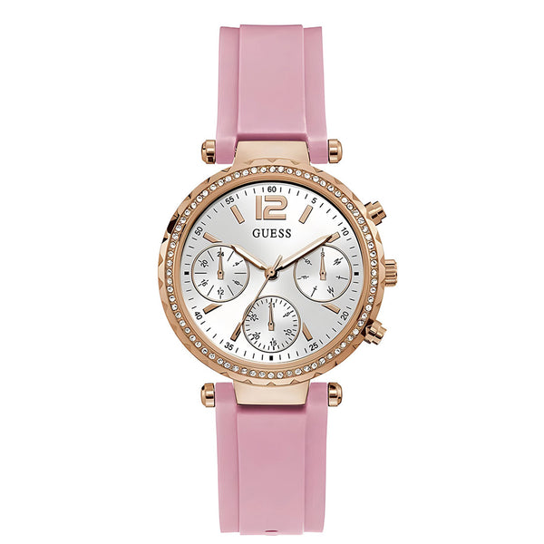 Guess Solstice Diamonds White Dial Pink Rubber Strap Watch For Women - GW0113L4