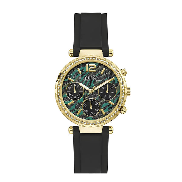 Guess Solstice Green Dial Black Rubber Strap Watch for Women - GW0113L1