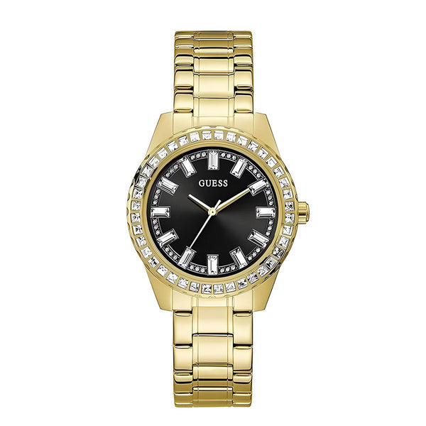 Guess Sparkler Diamonds Black Dial Gold Steel Strap Watch for Women - GW0111L2